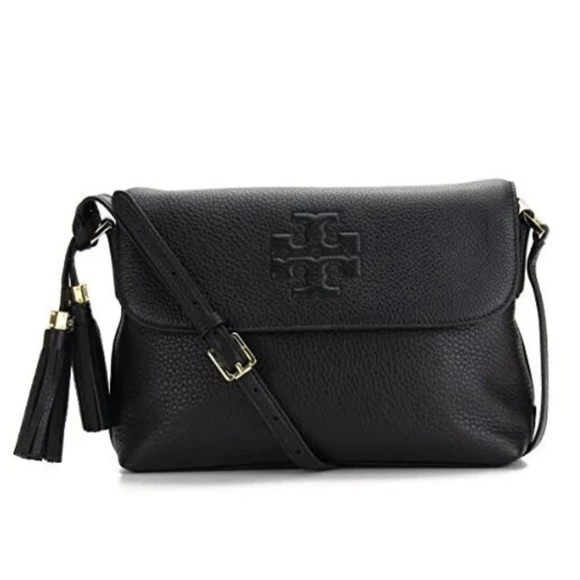 Tory Burch - Thea Mini Black Leather Gold Hardware Fold Over Crossbody Bag - Picture 1 of 1